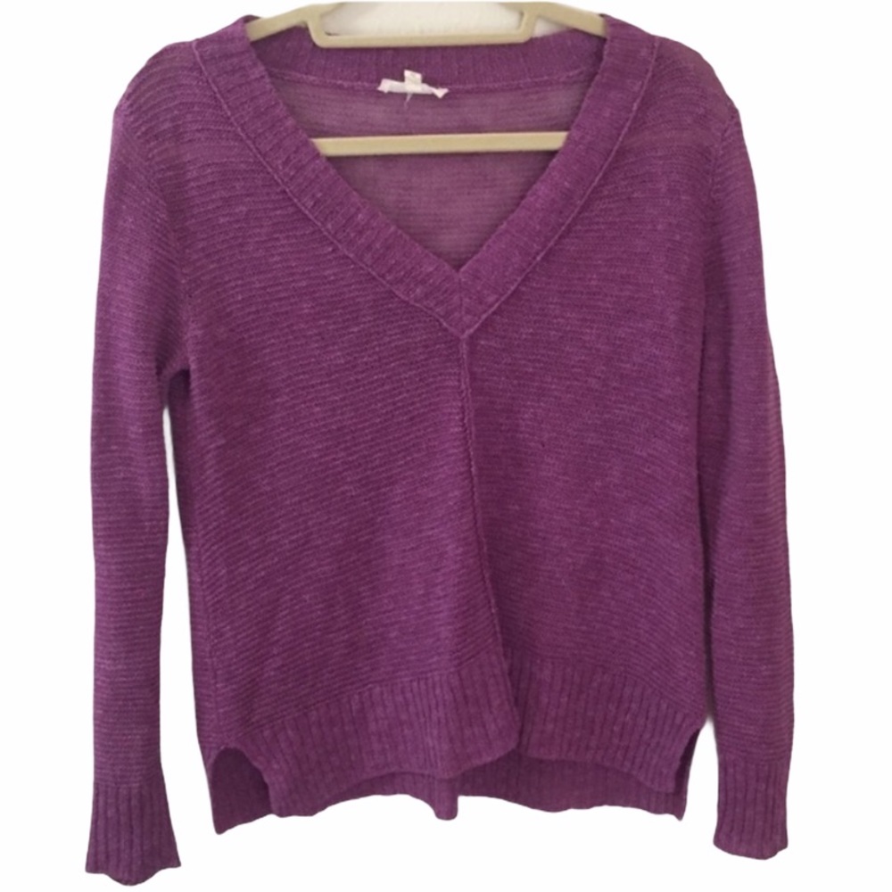 Eileen Fisher Linen Cotton Sweater Loose Knit Crochet V Neck Purple XS